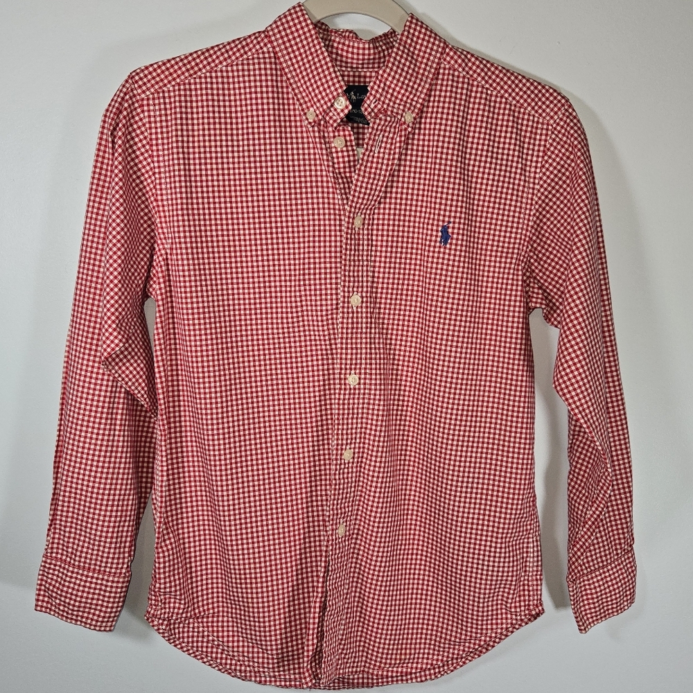 Ralph Lauren Boys Red Gingham Button Down‎ Shirt Size Medium Long Sleeve